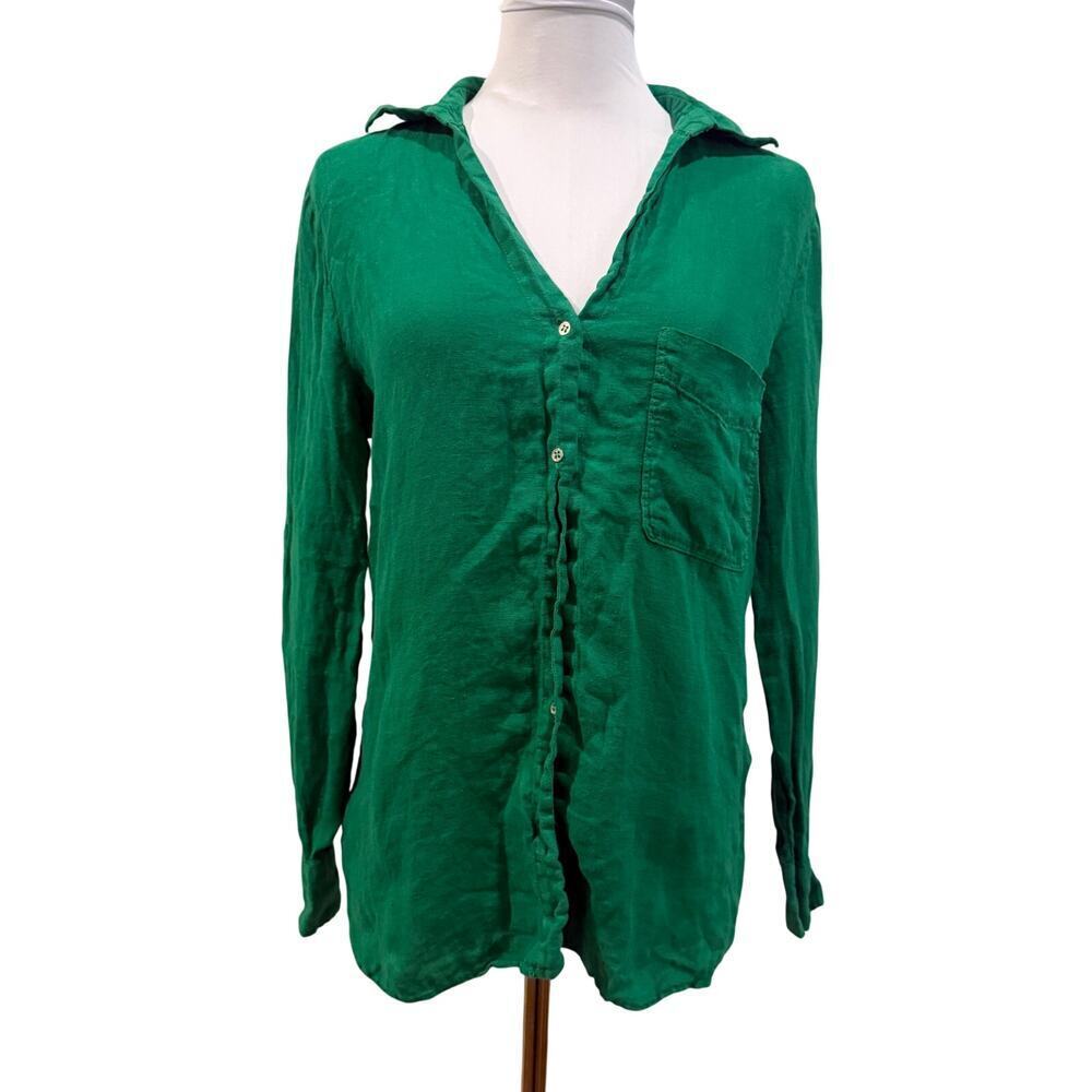 Zara Emerald Green 100% Linen Button Front Shirt Coastal Medium Resort Summer